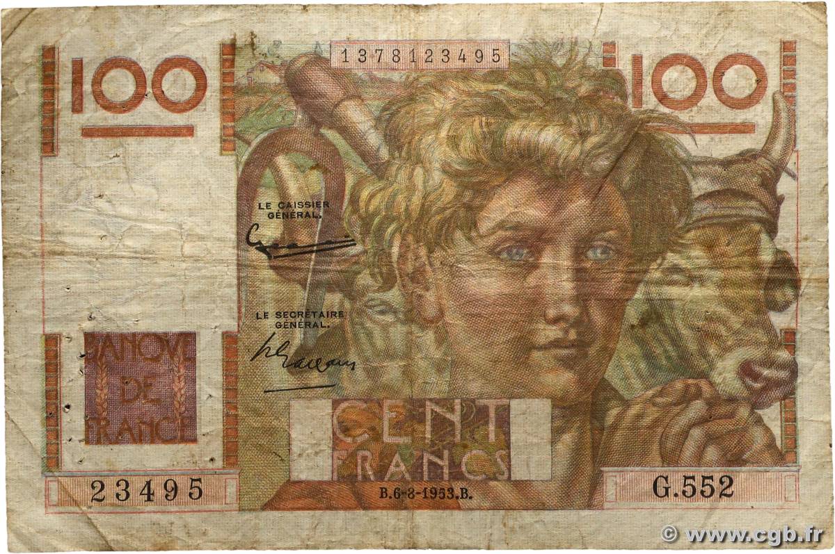 100 Francs JEUNE PAYSAN filigrane inversé FRANCIA  1952 F.28bis.02 RC+