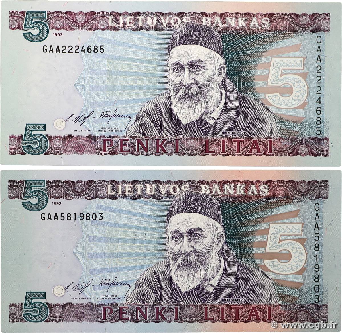 5 Litai Lot LITAUEN  1993 P.55a fST+