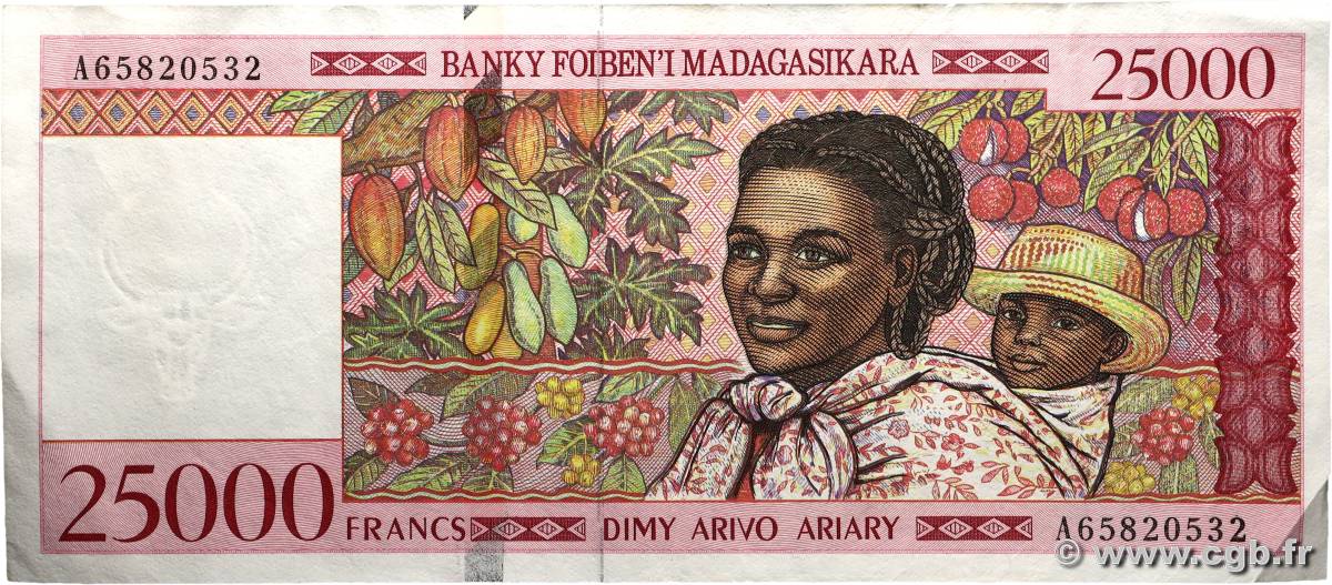 25000 Francs - 5000 Ariary MADAGASCAR  1998 P.082 VF