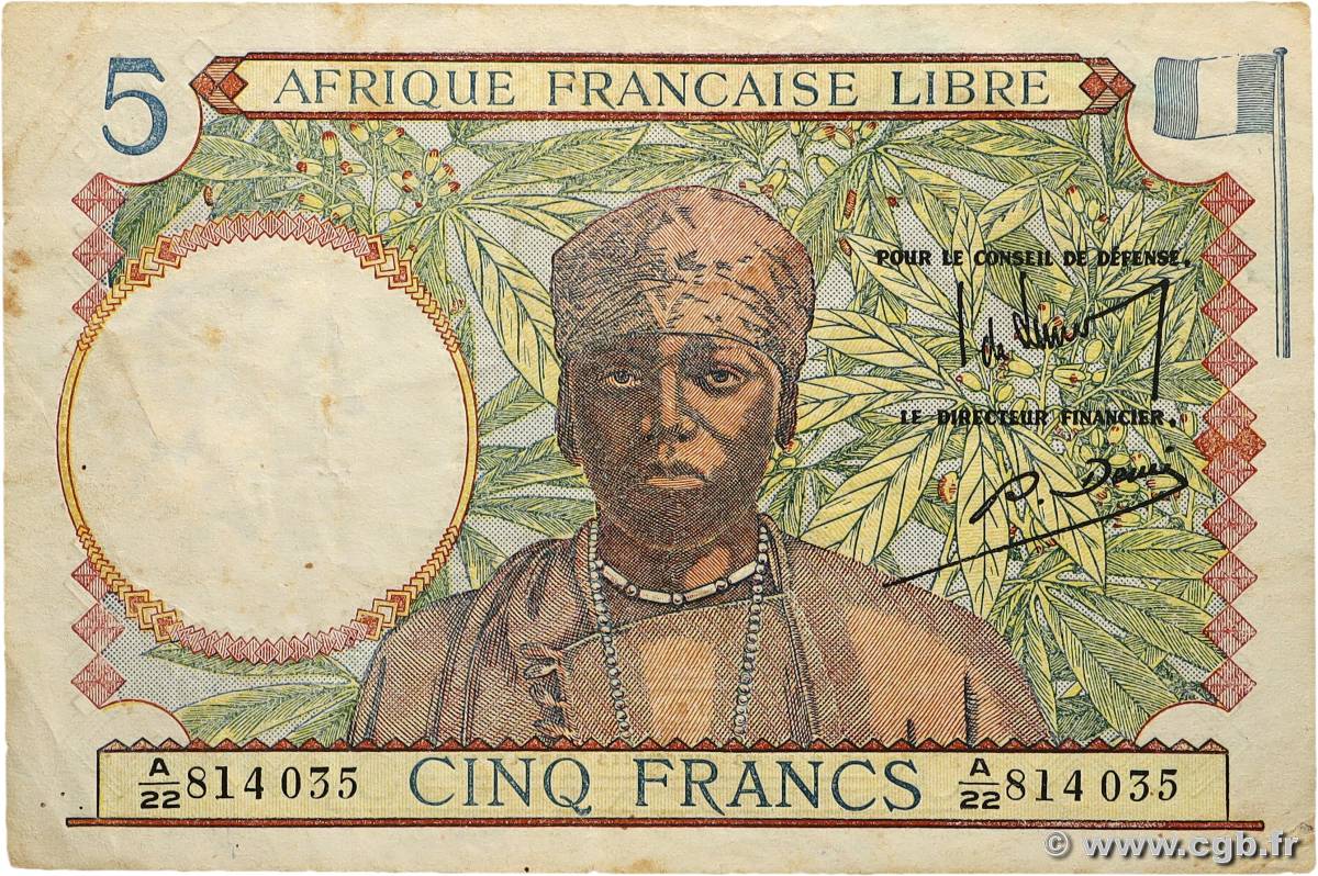 5 Francs type 1941 AFRIQUE ÉQUATORIALE FRANÇAISE Duala 1942 A.114b1 F+