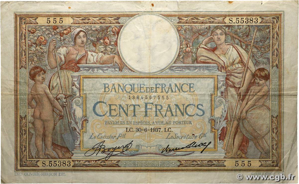 100 Francs LUC OLIVIER MERSON grands cartouches FRANCE  1937 F.24.16 TB+