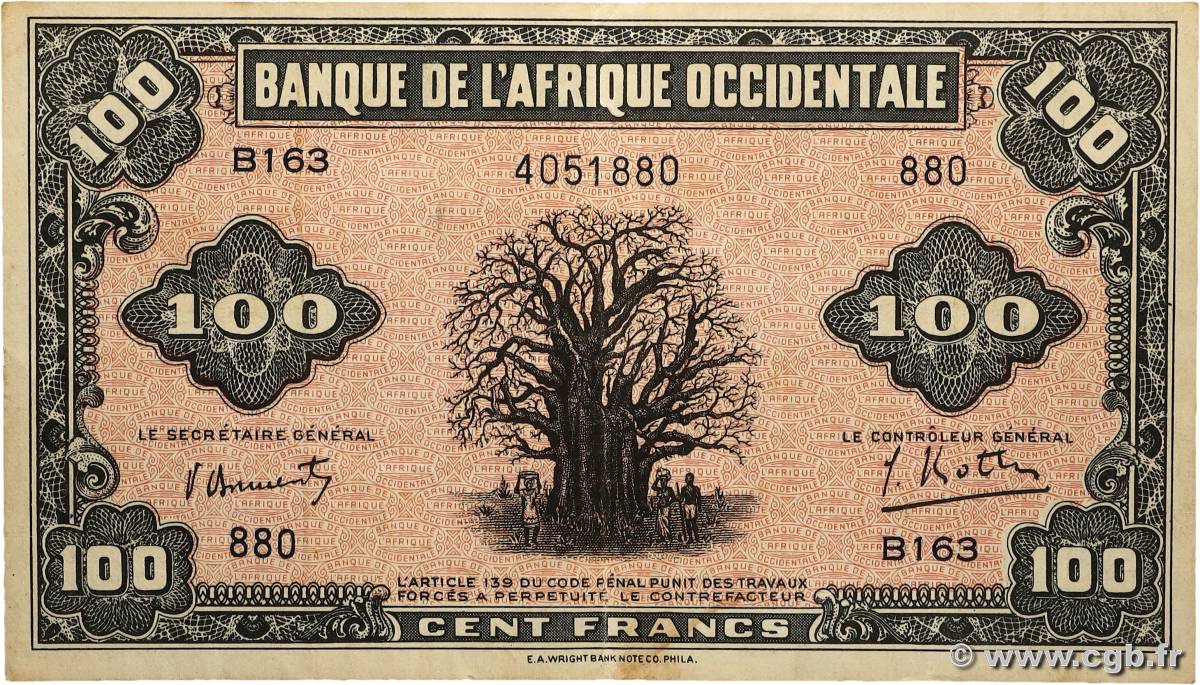 100 Francs FRENCH WEST AFRICA  1942 P.31a VF