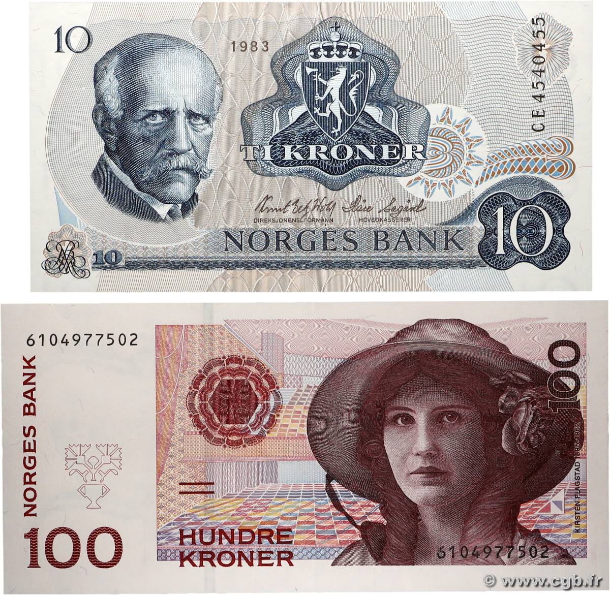 10 et 100 Kroner Lot NORVÈGE  1983 P.36c et P.47a SC