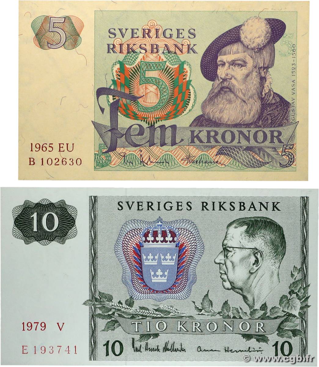 5 et 10 Kronor Lot SUÈDE  1965 P.51a et P.52d NEUF