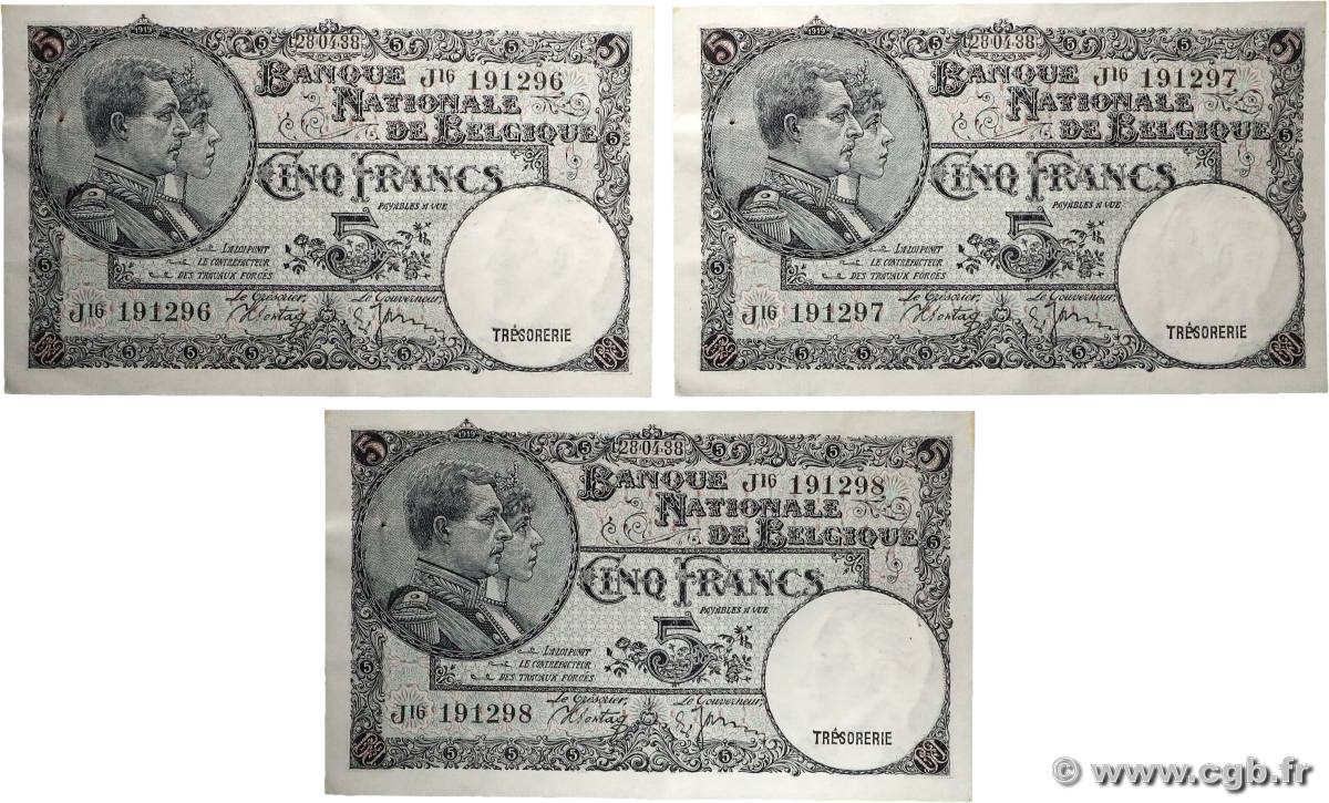 5 Francs Consécutifs BELGIQUE  1938 P.108a TTB+