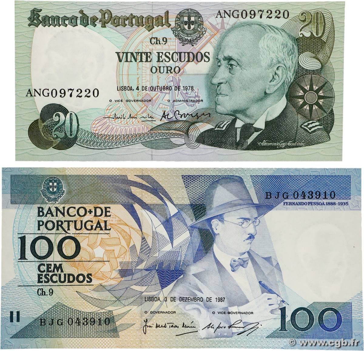 20 et 100 Escudos Lot PORTUGAL  1978 P.176b et P.179d SC+