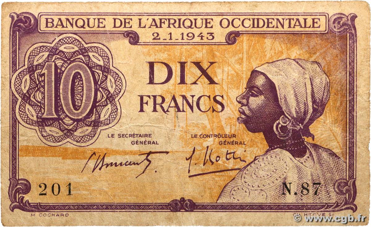 10 Francs AFRIQUE OCCIDENTALE FRANÇAISE (1895-1958)  1943 P.29 pr.TB