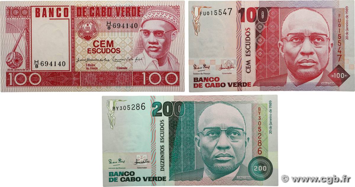100 et 200 Escudos Lot CAP VERT  1977 P54a, P.57a et P.58a pr.NEUF