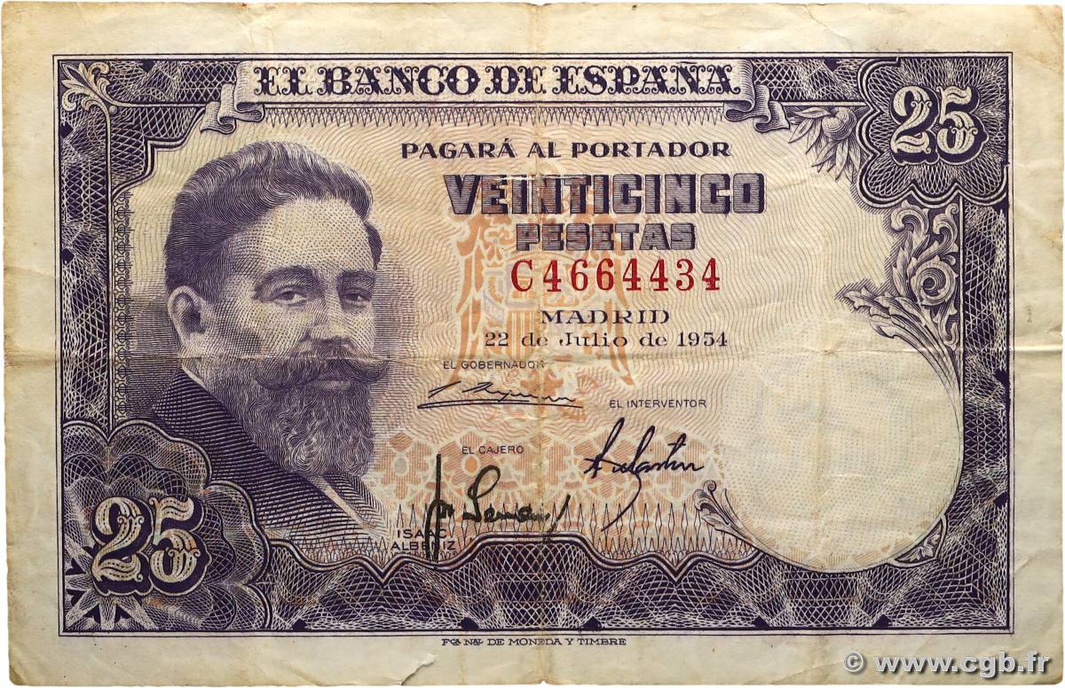 25 Pesetas ESPAGNE  1954 P.147a TB+