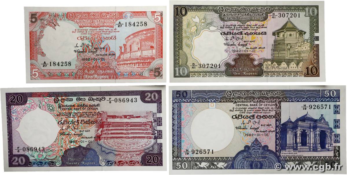 5 Rupees Lot CEYLAN  1982 P.091 à P.094 NEUF