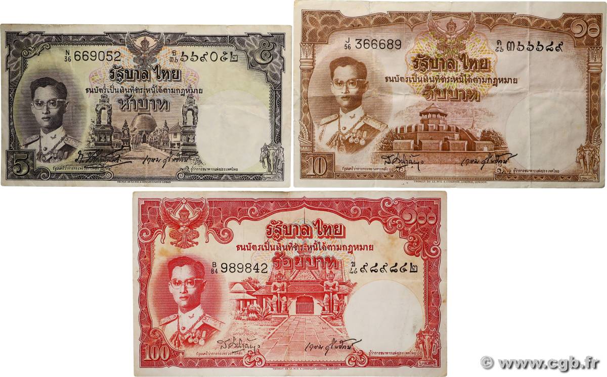5, 10 et 100 Baht Lot TAILANDIA  1955 P.075c, P.076c et P.078b BC+