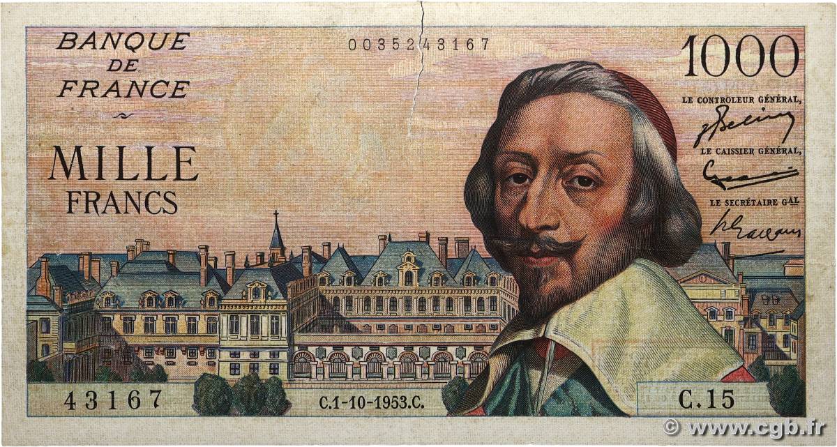 1000 Francs RICHELIEU FRANCIA  1953 F.42.03 MB