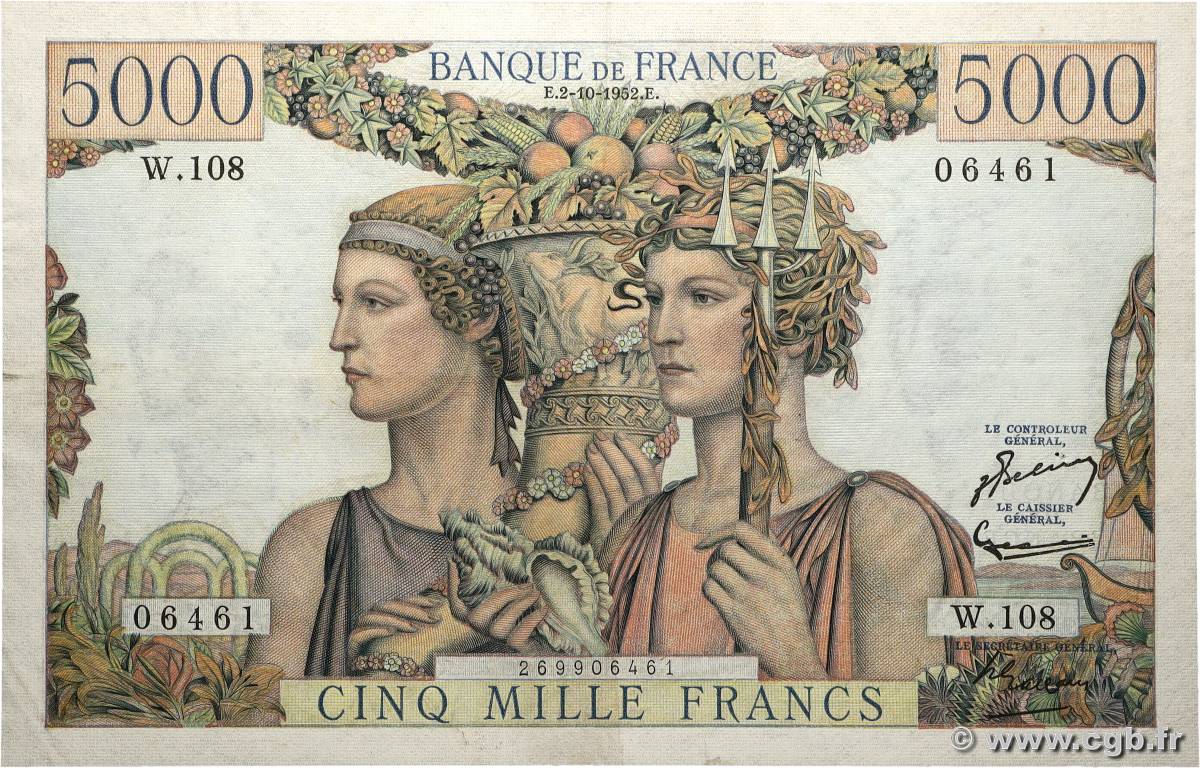 5000 Francs TERRE ET MER FRANCE  1952 F.48.07 TTB