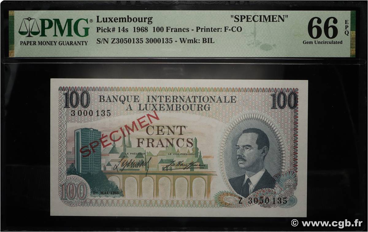 100 Francs Spécimen LUXEMBOURG  1968 P.14s UNC
