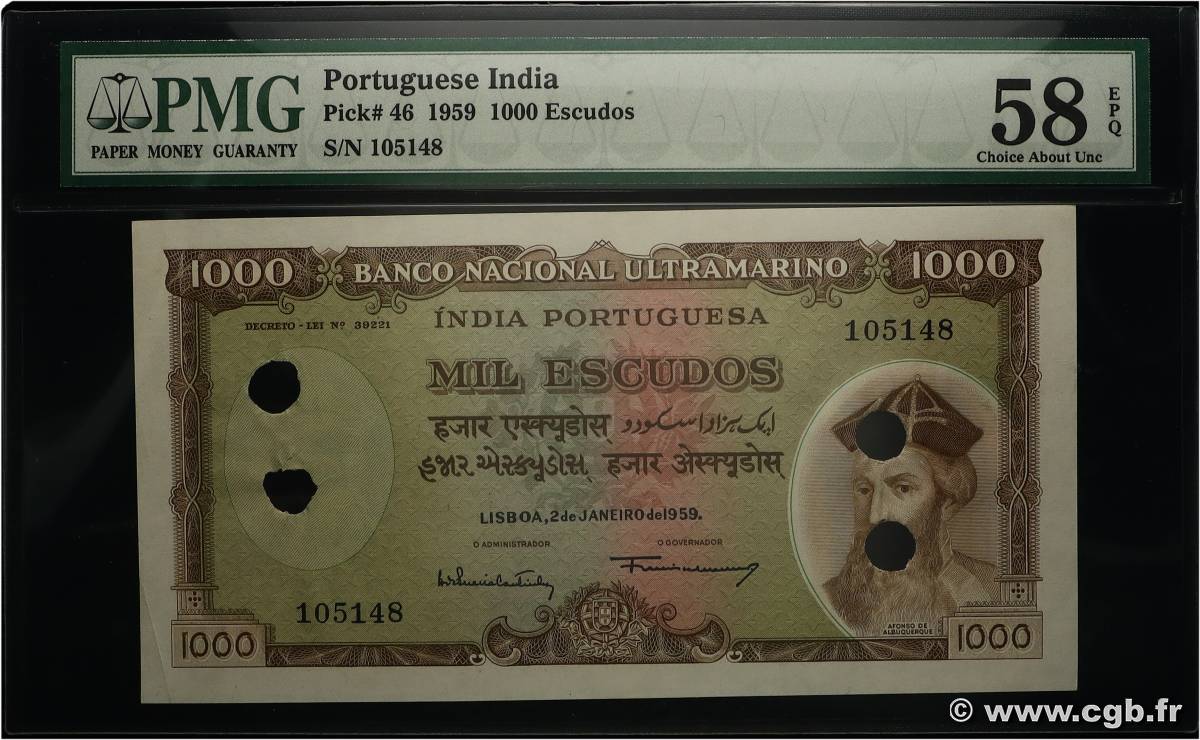 1000 Escudos Annulé INDE PORTUGAISE  1959 P.046 SPL
