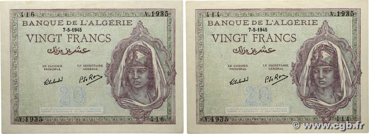 20 Francs Lot ALGERIA  1945 P.092b AU