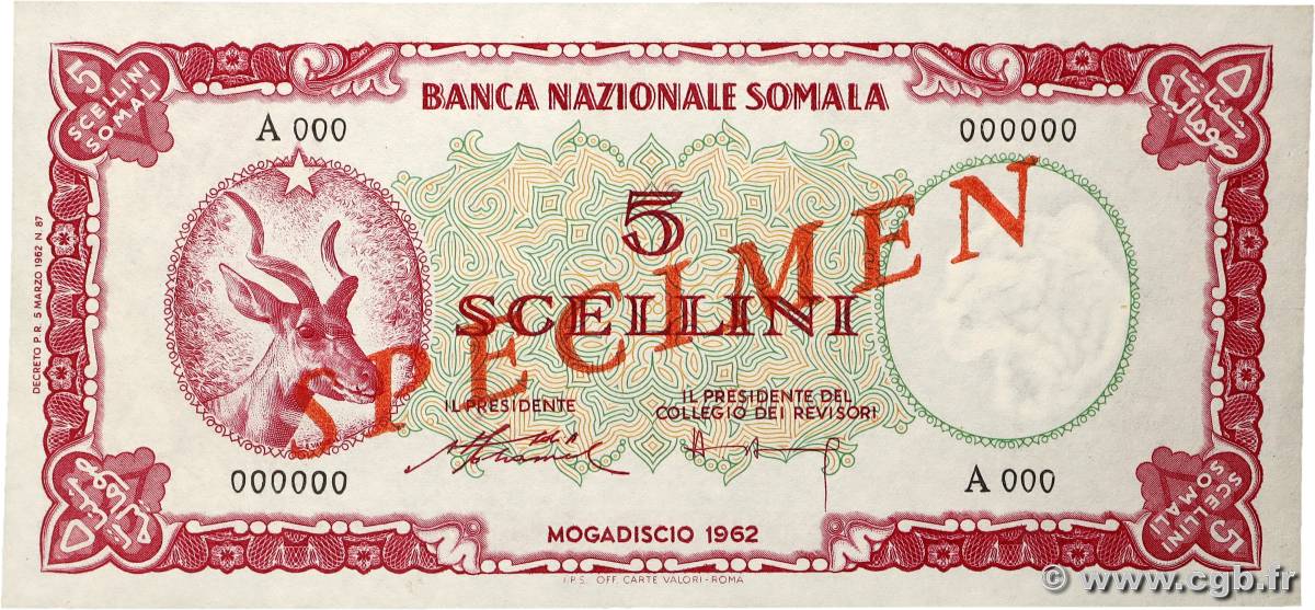 5 Scellini Spécimen SOMALIE  1962 P.01s pr.NEUF