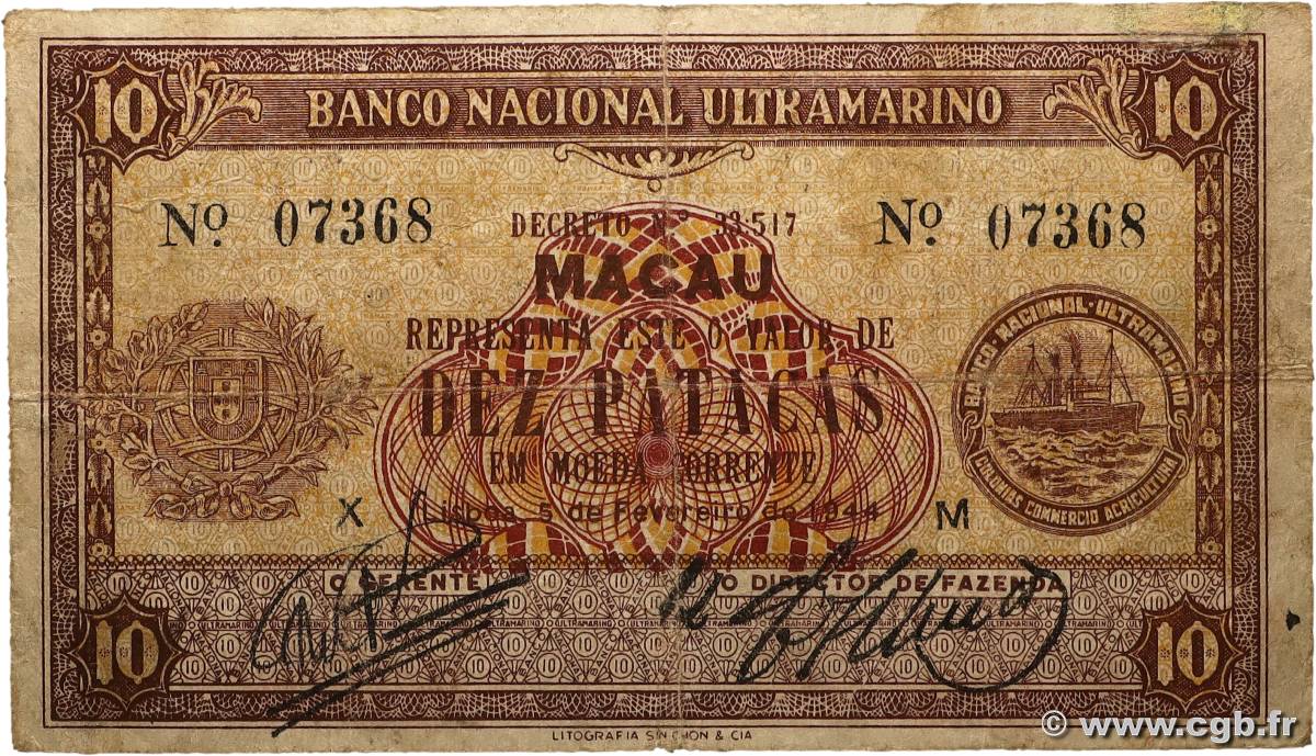10 Patacas MACAO  1944 P.023 B+