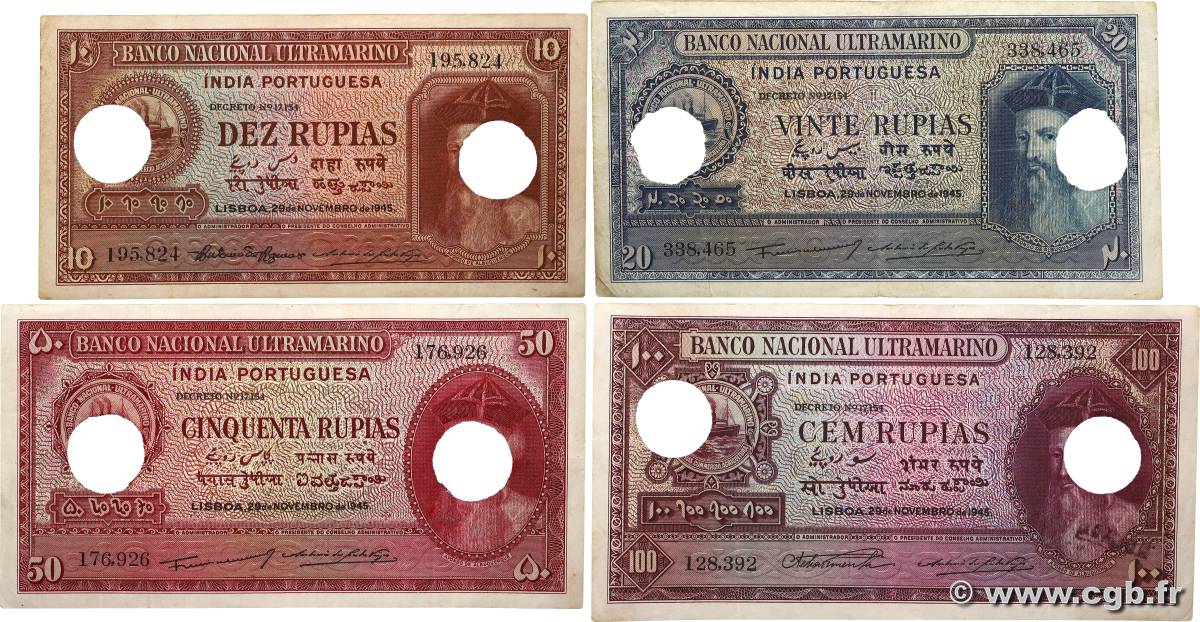 10 au 100 Rupias Lot PORTUGIESISCH-INDIEN  1945 P.036 au P.039 fSS
