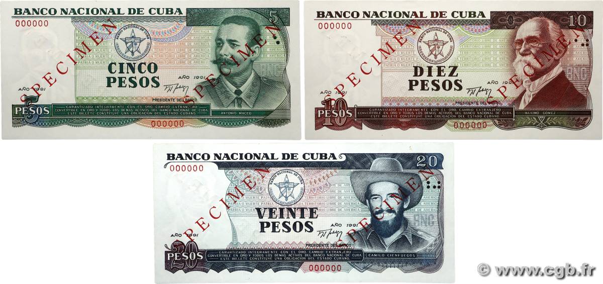 5, 10, 20 Pesos Spécimen KUBA  1991 P.108s au P.110s  fST+