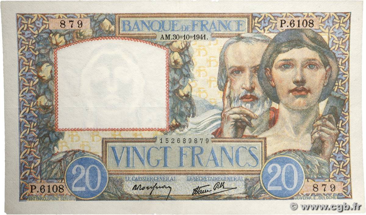20 Francs TRAVAIL ET SCIENCE FRANCE  1941 F.12.19 TTB
