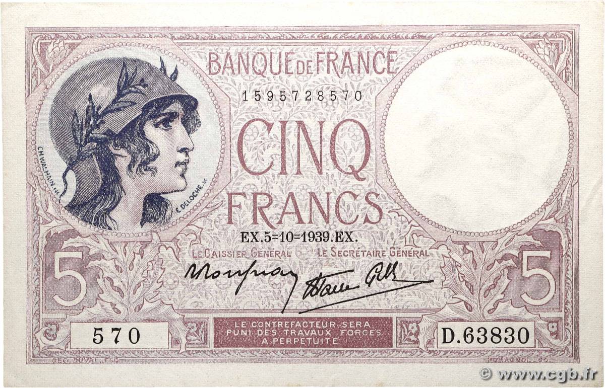 5 Francs FEMME CASQUÉE modifié FRANCE  1939 F.04.11 SUP