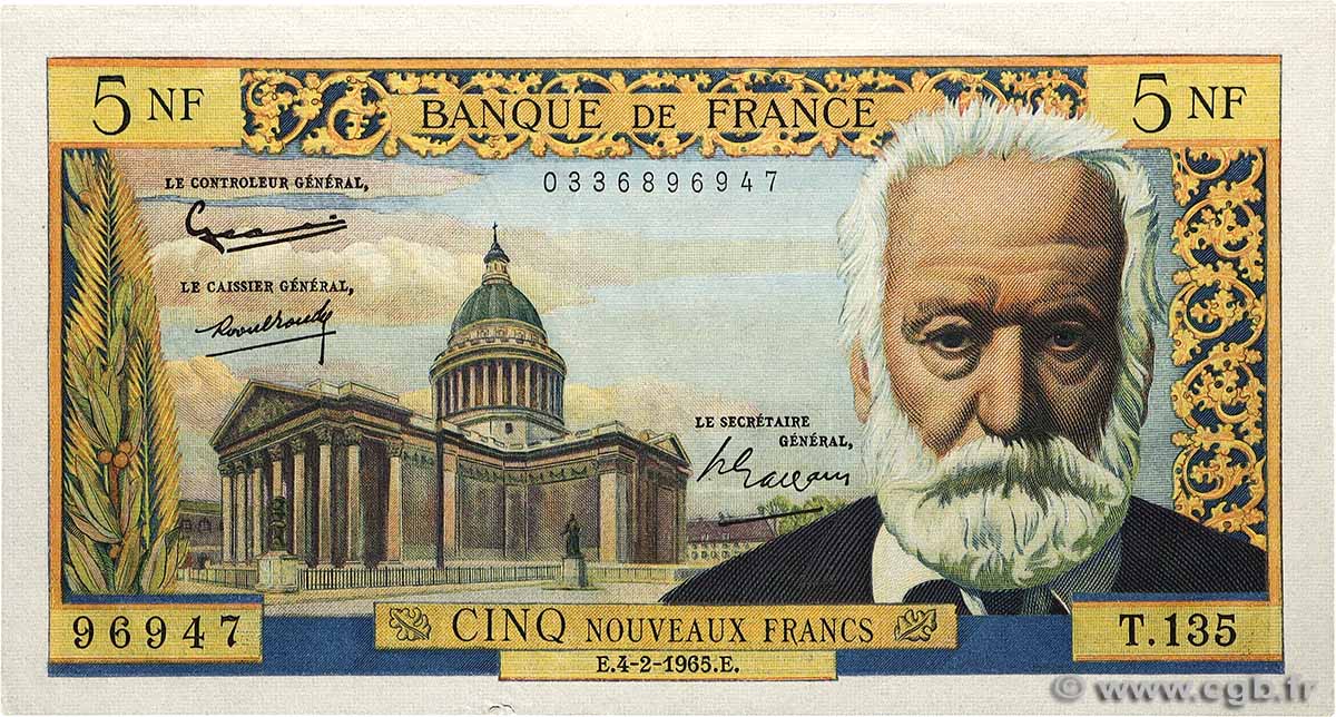 5 Nouveaux Francs VICTOR HUGO FRANCE  1965 F.56.17 XF