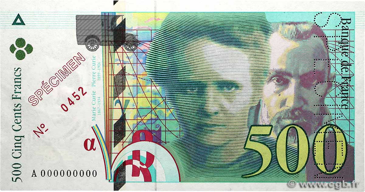 500 Francs PIERRE ET MARIE CURIE Spécimen FRANCE  1994 F.76.01Spn AU