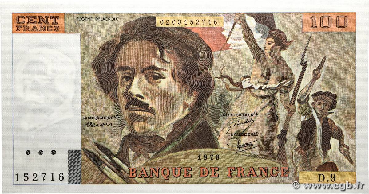 100 Francs DELACROIX modifié FRANKREICH  1978 F.69.01g fST+