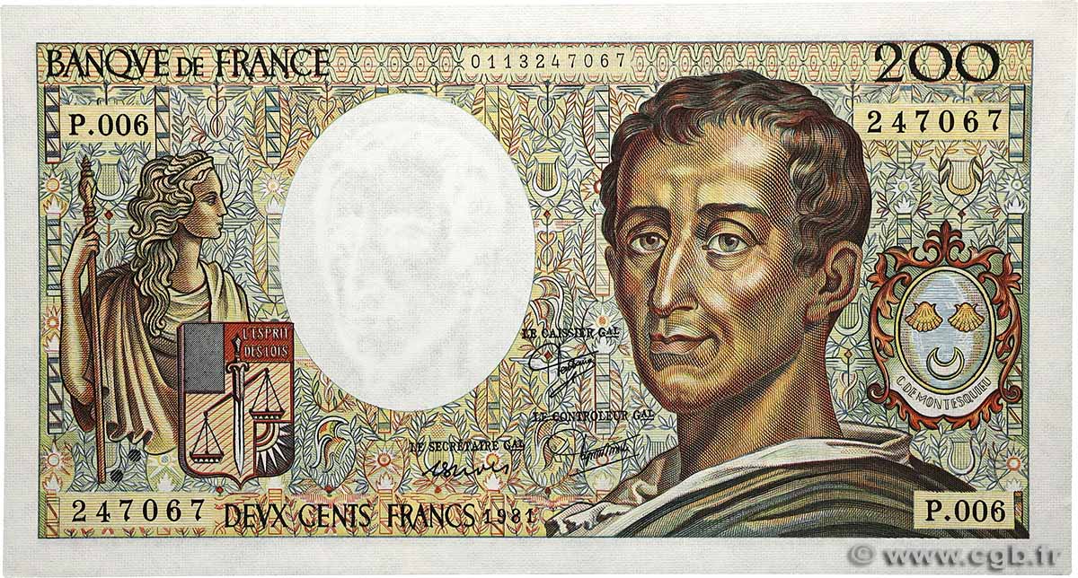 200 Francs MONTESQUIEU FRANCE  1981 F.70.01 pr.NEUF