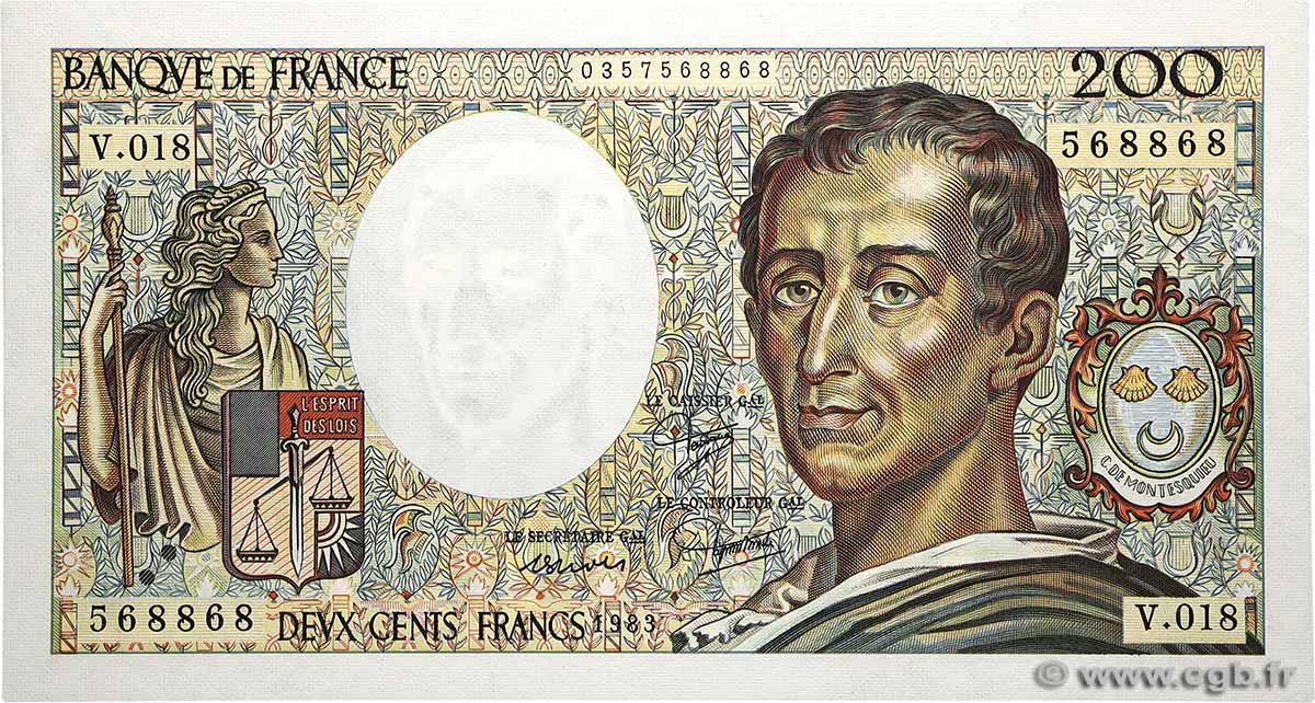 200 Francs MONTESQUIEU FRANCE  1983 F.70.03 UNC-