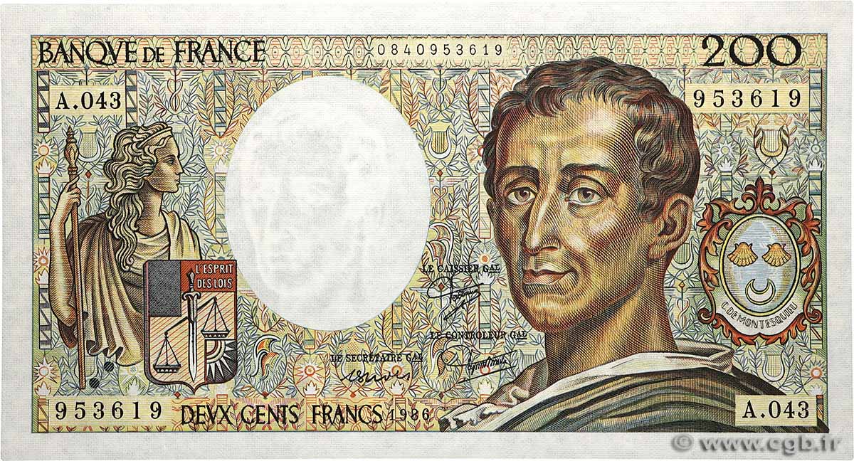 200 Francs MONTESQUIEU FRANCE  1986 F.70.06 AU+