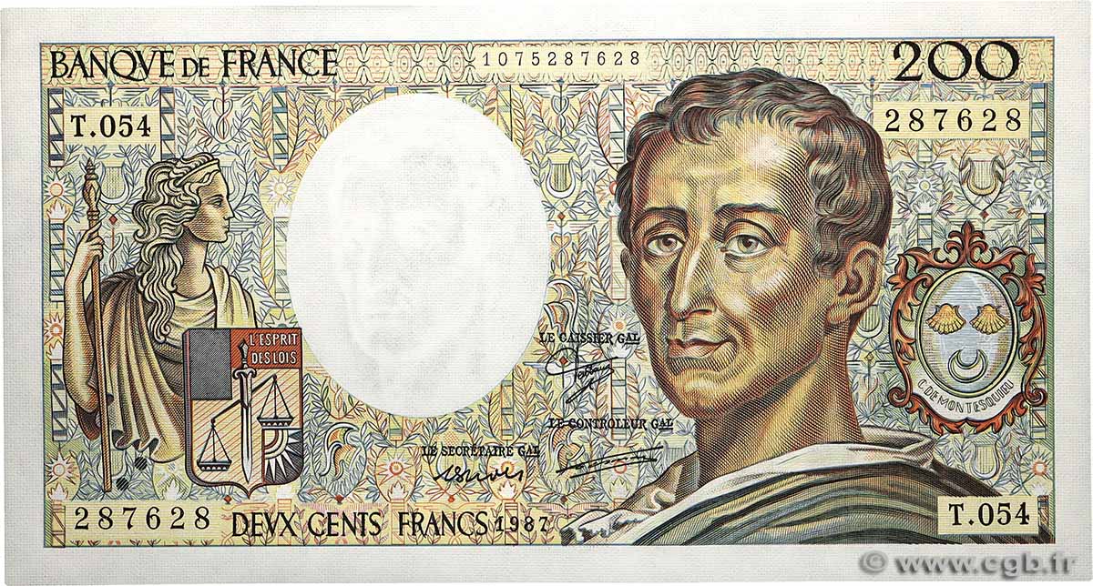 200 Francs MONTESQUIEU FRANKREICH  1987 F.70.07 fST+