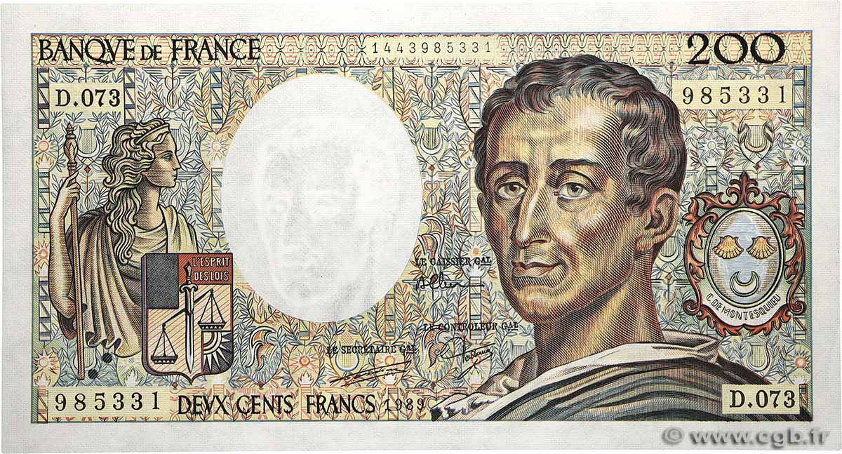 200 Francs MONTESQUIEU FRANCE  1989 F.70.09 UNC-