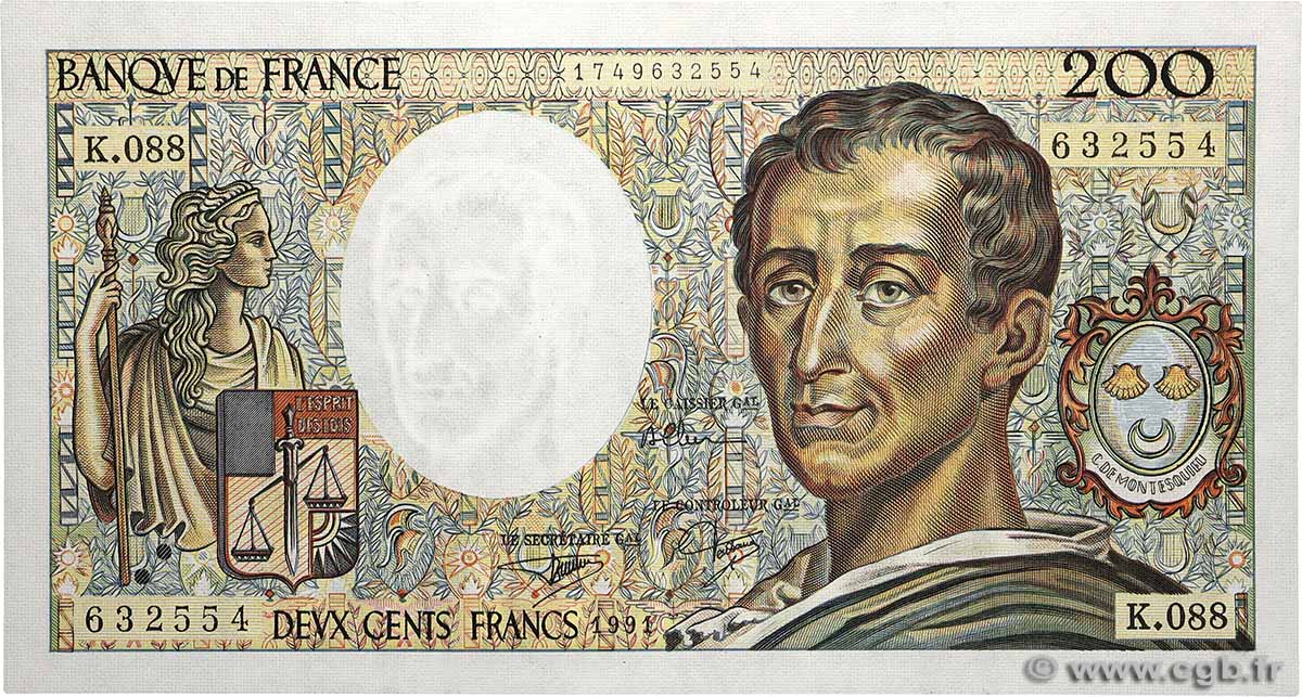 200 Francs MONTESQUIEU FRANCE  1991 F.70.11 AU+
