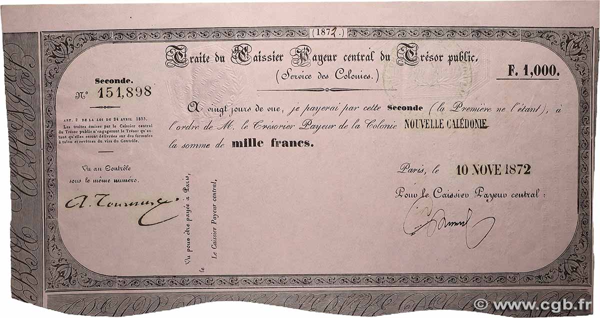 1000 Francs NOUVELLE CALÉDONIE  1872 NC.72.1000 SUP