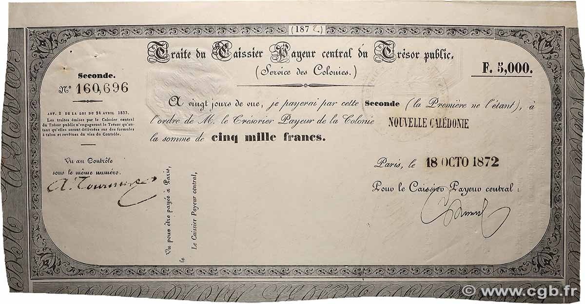 5000 Francs NOUVELLE CALÉDONIE  1872 NC.72.5000 SUP