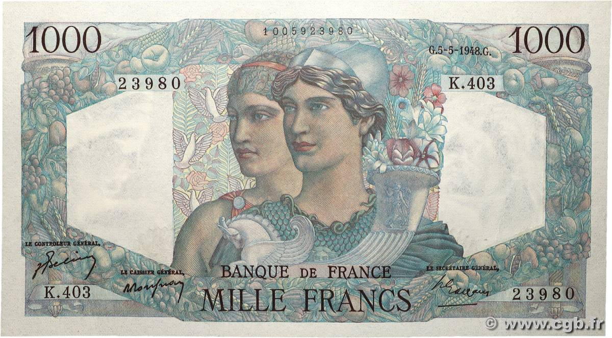 1000 Francs MINERVE ET HERCULE FRANKREICH  1948 F.41.20a fST+