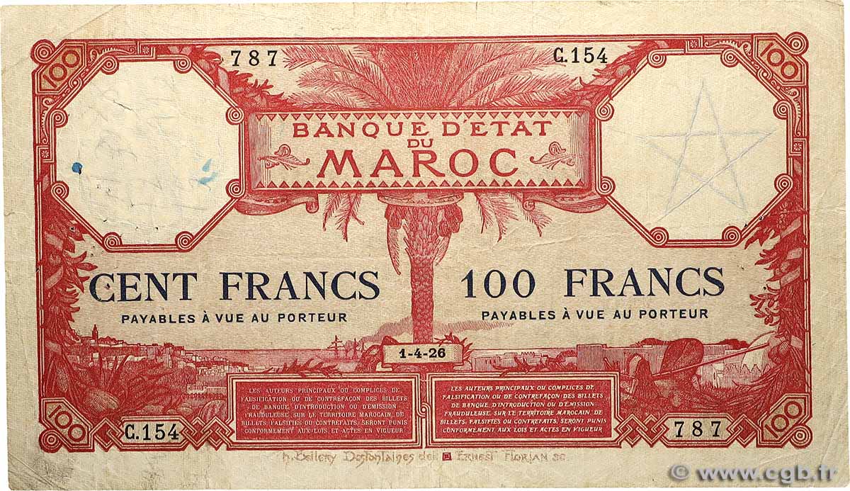 100 Francs MOROCCO  1926 P.14 F-