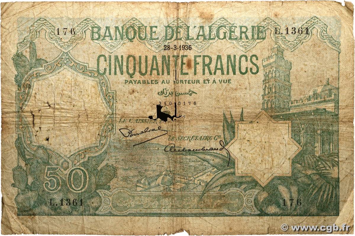 50 Francs ALGÉRIE  1936 P.080a pr.B