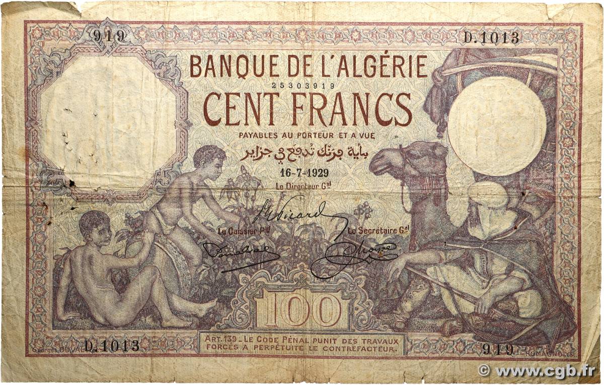 100 Francs ALGÉRIE  1929 P.081b B