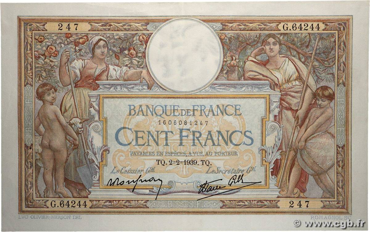100 Francs LUC OLIVIER MERSON type modifié FRANCE  1939 F.25.41 pr.SUP