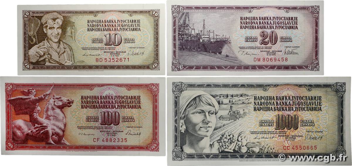 10 au 100 Dinara Lot YOUGOSLAVIE  1978 P.087 au P.090 NEUF