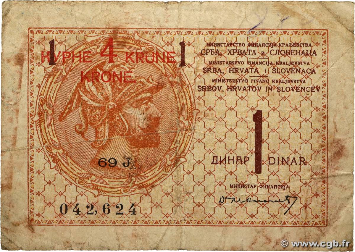 4 Kronen sur 1 Dinar YOUGOSLAVIE  1919 P.015a B+