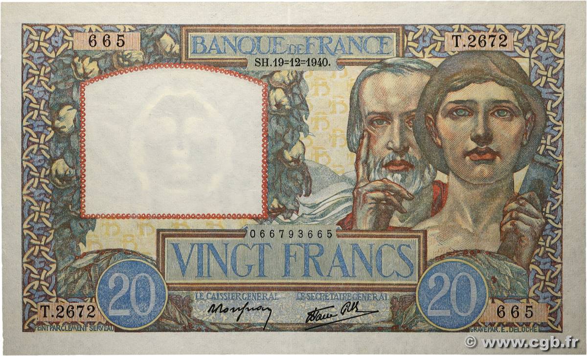 20 Francs TRAVAIL ET SCIENCE FRANCE  1940 F.12.11 TTB
