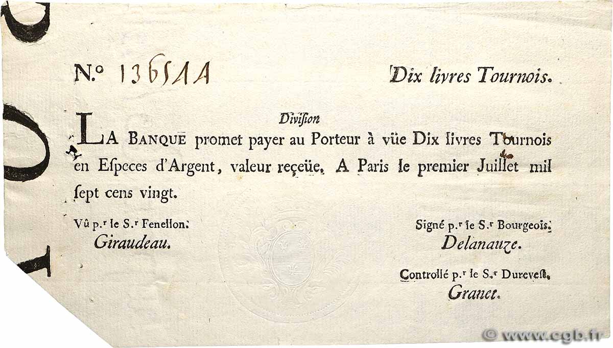10 Livres Tournois typographié FRANCE  1720 Dor.22 VF+