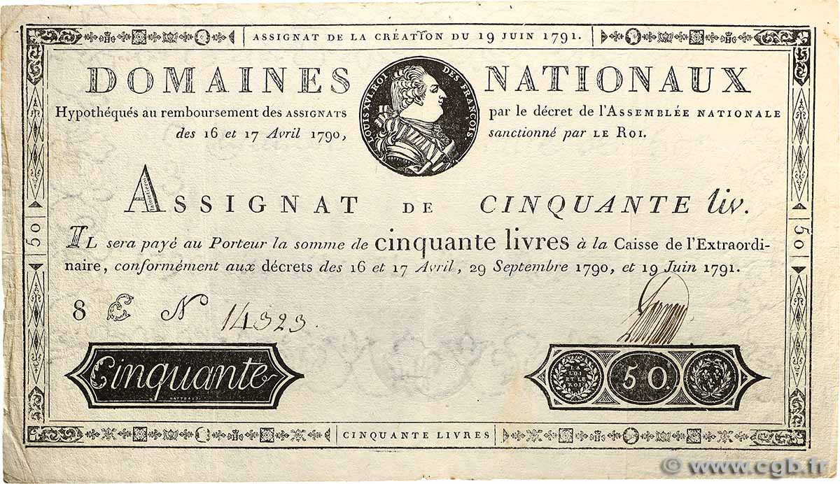 50 Livres FRANCIA  1791 Ass.13a BC+