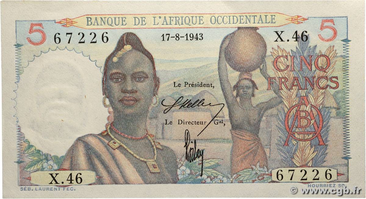 5 Francs AFRIQUE OCCIDENTALE FRANÇAISE (1895-1958)  1943 P.36 SPL