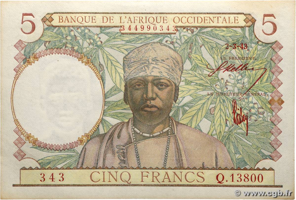 5 Francs AFRIQUE OCCIDENTALE FRANÇAISE (1895-1958)  1943 P.26 pr.NEUF