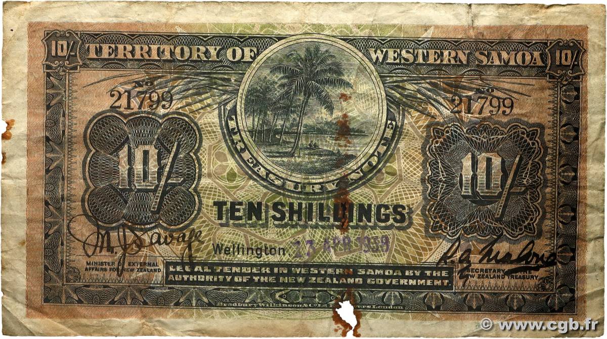 10 Shillings SAMOA  1939 P.07b TB+